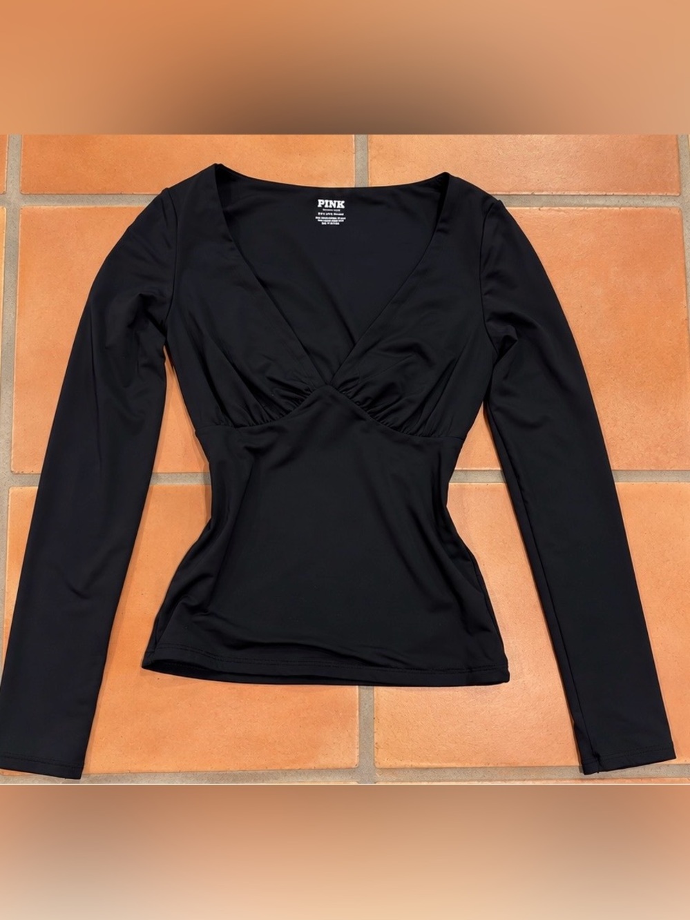 PINK Victoria's Secret Black Long-Sleeve V-Neck Cinched Waist Top